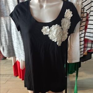 LOFT Black Top with White Floral Accents